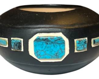 Hopi Blackware Pot with Turquoise Inlay
