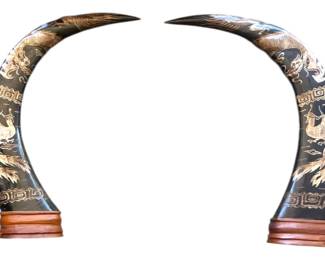 Vintage Carved Ox Horn Pair