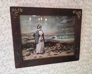 Antique Color Lithograph Under Glass ~ Ullman Mfg Co ~Lady/Nurse by the Sea~1899