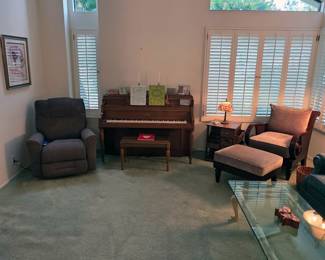 La-Z-Boy power recliner with massage and heat, 1959 Steinway & Sons Model 40 piano, Ethan Allen chair with ottoman