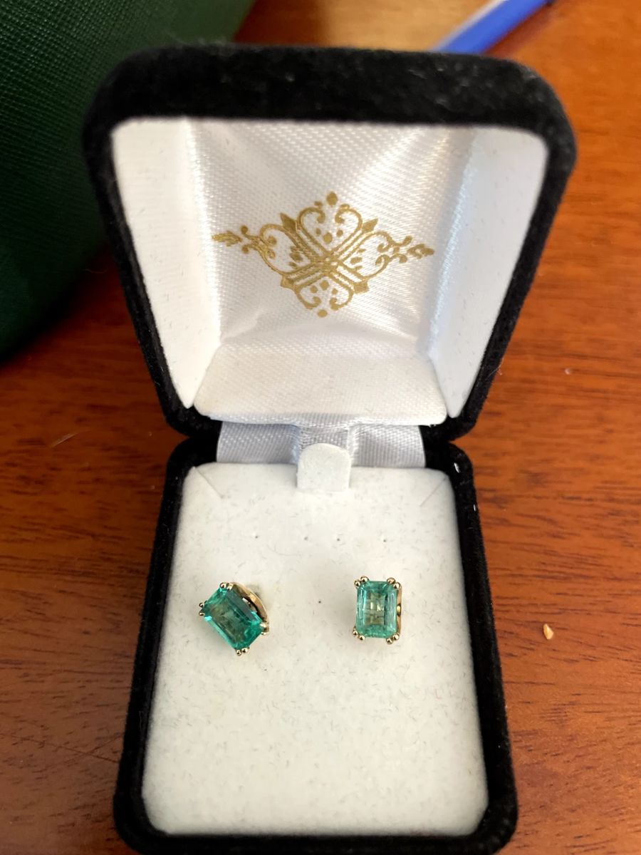 emerald cut, Earth-grown emerald earrings, 1 carat each with 14 karat posts. Stunning quality.