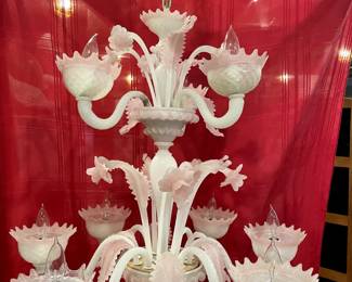 pink and white murano chandelier, approx 4' wide by 5' tall