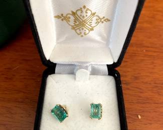 emerald cut, Earth-grown emerald earrings, 1 carat each with 14 karat posts. Stunning quality.