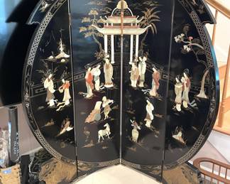 Vintage oriental screen, four panel, about 72" by 72" inlaid with semiprecious stones