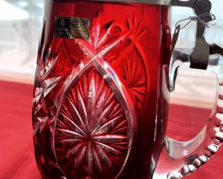 ruby cut lead crystal stein with silver accent, by crystal cabinet, bielkristal
