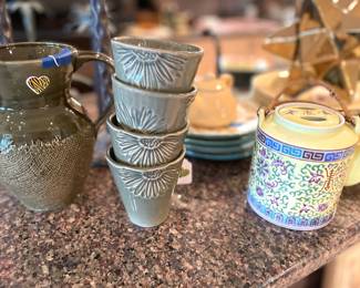 adorable tea cups, tea pot and pitcher