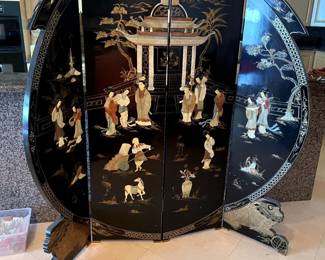 approximately 72" x 72", vintage oriental screen inlaid with semi-precious stones, as is