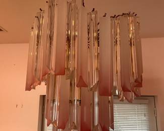 midcentury modern pink frosted and clear lucite chandelier, approx 19" w by 22" h