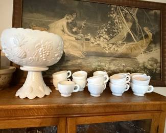 Pineapple and Grape Milk Glass Punch Bowl Set