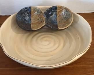 Large Ecru Platter Handmade Dip Bowl Signed