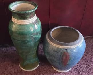 2 Large Blue Green Glazed Pots Signed