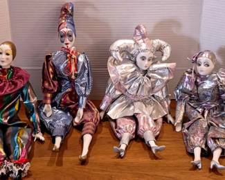 4 Metallic Clowns W Porcelain Faces, Hands Feet