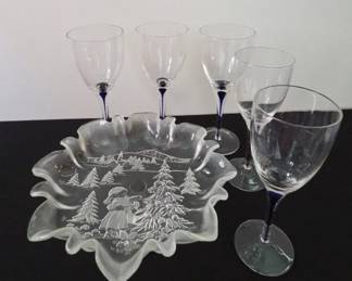 Mikasa Holiday Bon Bon Plate And Cobalt Blue Stemmed Wine water Glasses