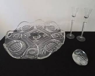McKee Footed Sunburst Cake Platter, Air Twist Stem Cordial Glasses And Lead Crystsl Owl