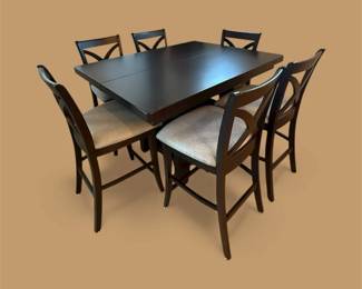 003 Espresso Dark Wood Table Pub Style with Builtin Leaf and 8 Upholstered Chairs Klaussen Furniture