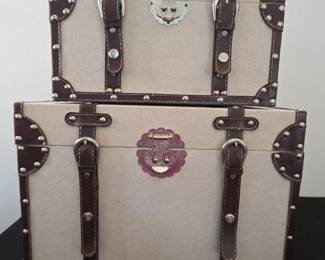 002 2 Decorative Vintage Suitcase Trunks with Fabric Lining and Leather Straps