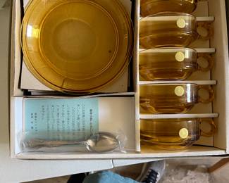 Hoya Crystal Amber glass cups & saucers 