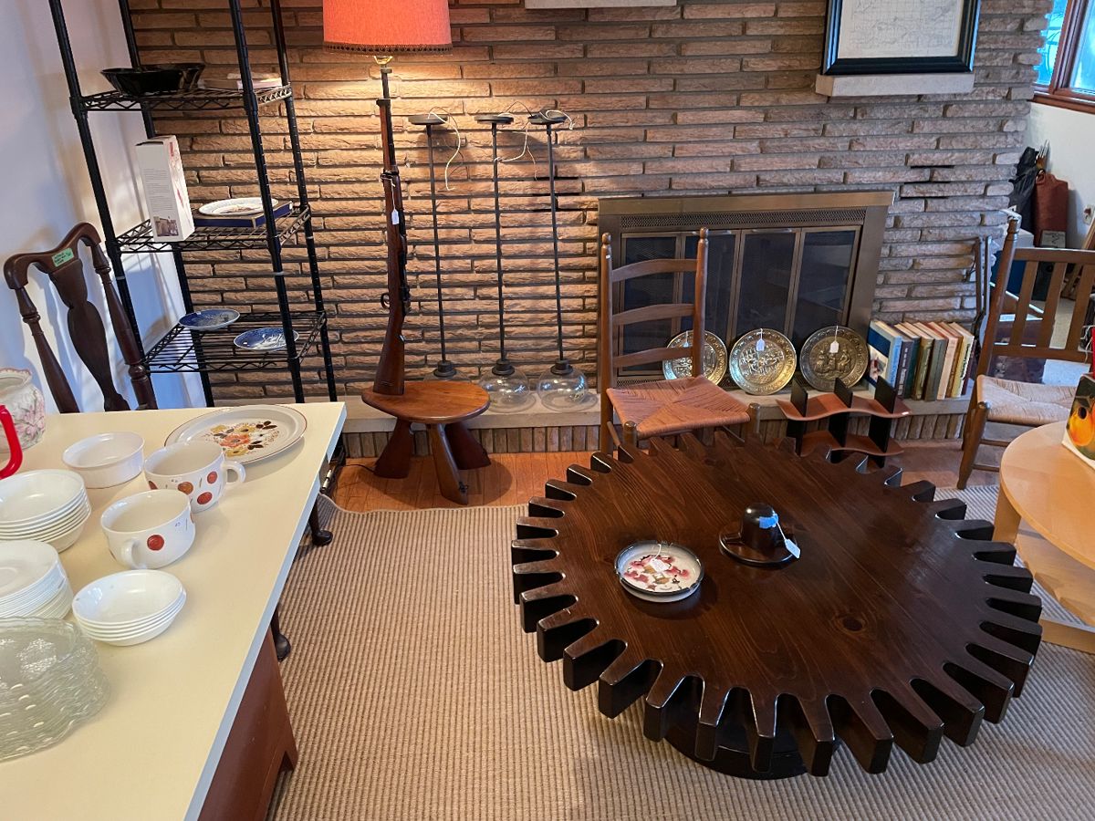 Cog table is sold, but the rest is available. Rifle lamp and IKEA table (light wood on right) are the big items pictured.