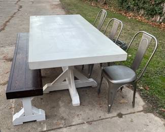 Farmhouse table, just over 7 feet long and 3 1/2 feet wide. Not pictured is an L shaped Herman Miller desk. Very heavy, very well made, light wood with red metal on the drawers and lower shelf. Very classy! 