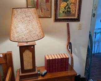 Antique silk painting; oil painting; walking stick and "new" roller skates (size 11 boys); dresser and lamp (sold)