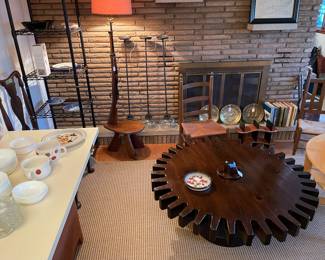 Cog table is sold, but the rest is available. Rifle lamp and IKEA table (light wood on right) are the big items pictured.