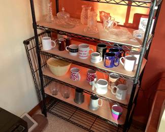Mugs; vintage and antique oil lamps; glass and crystal items; vases; candle holders; wire shelves (not for sale)