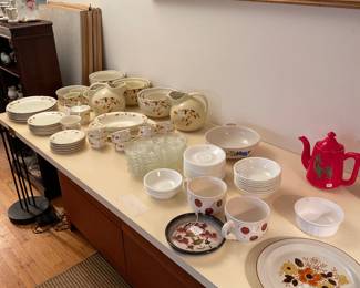 Hall dishes; corning ware; tea sets; dresser ( not for sale)