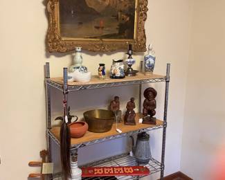 Oil, painting, Pepsi crate, delft items; antique milking stool; etc