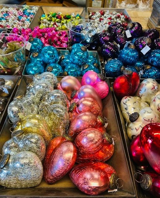 Holiday sparkle. 1", 3" and 5" glass ornaments for your tree, decorating and gift giving.