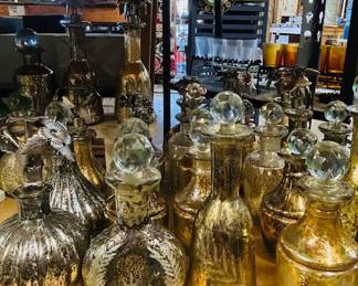 Vintage style perfume bottles in mercury glass. Assorted styles and colors.