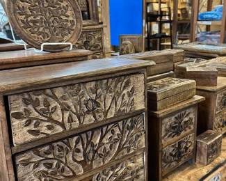 Hand carved mango wood boxes, chests and trays. Trees, birds and natural designs.