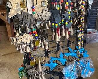 Fish mobiles with bells, Horseshoe mobiles for luck and Bluebird ornaments for happiness.