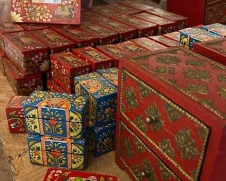 Hand painted wood boxes, frames and assorted chests.