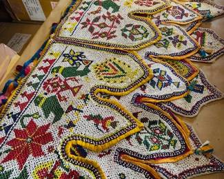 Antique hand beaded Thar desert tribal door hangings. Each bead is sewn to backing. Young women sew for their dowry and are heirloom pieces.