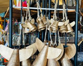 Small and large metal angel bells. Stand or hang. Great holiday decoration on greenery.