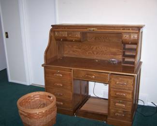 NEWER OAK ROLL-TOP DESK & BASKET
