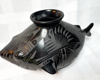 Black on Black Fish Effigy Pot Created in the Style of Mata Ortiz Pottery 