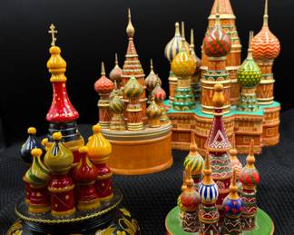 Collection of Russian Hand Carved Music Boxes and Souvenir Cathedral Replicas