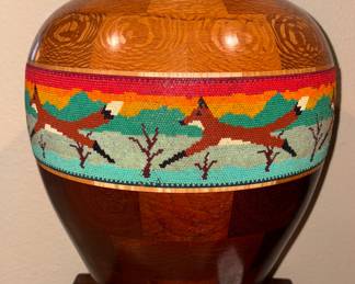 Large, Segmented Wood-turned Vase w/ Applied Beadwork