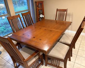 Mission / Craftsman Style Dining Table w/ Eight Slat Back Chairs and One Leaf