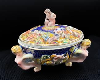 Vintage Capodimonte Mermaid & Cherub Footed Covered Porcelain Dish 