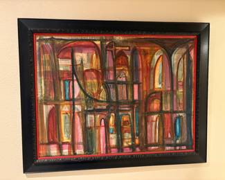 Vintage 1978 Abstract Architectural Painting - Signed   Framed Sized:  36 in x 28 in