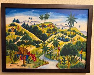 Haitian Naive-style Landscape Painting signed S. Pierre                                                                                                      Framed Size:  17 in x 13 in 