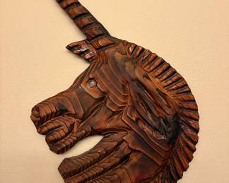 Hand Carved Wooden Unicorn Head Wall Hanging