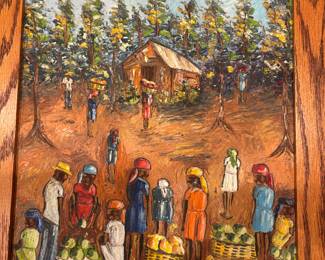 Haitian Market Scene signed KL Lacoste                                   Framed Size:  18 in x 14 in