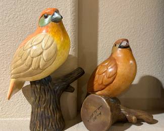 These are hand-carved and painted wooden bird figurines from Mexico, created by artisan Macho Mejia. 
