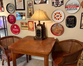 Two Cane Back Club Chairs, Wooden Expandable Table, Vintage Table "Lantern" Lamp