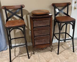 Metal and Wood Bar Stools, Wood and Wicker File/ Storage Drawers