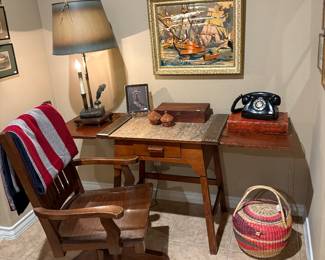 Antique Desk Chair, Writing Desk (made from an old sewing machine cabinet)...Vintage Lamp, Telephone and Art
