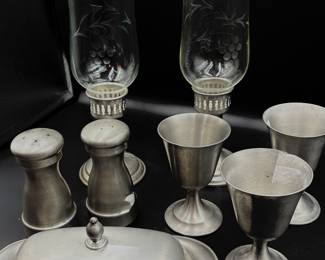More Pewter - Covered Butter Dish, Salt and Pepper Shakers, Hurricane Candle Sticks